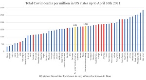 Bar graph showing death rates in locked down versus non-locked down U.S. states, showing there is essentially no difference between them.