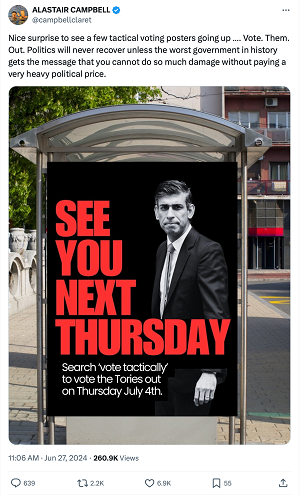image of Labour poster, with photo of Rishi Sunak and the line 'See you next Thursday'.